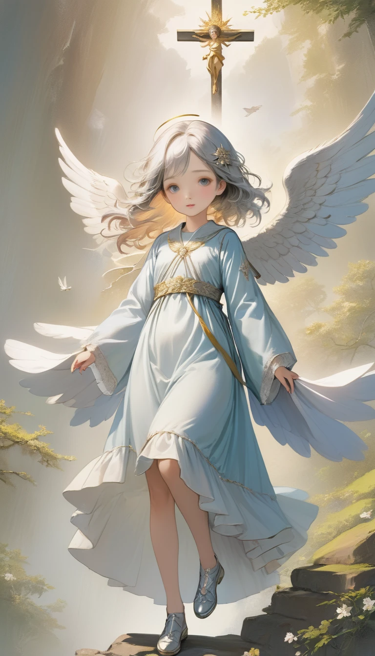 (masterpiece), (High resolution), (Very delicate), (masterpiece: 1.2, Highest quality),Perfect Anatomy、silver, Angel descending to earth、Paradise、Beautiful woman leading to heaven、Cute face、Expressionless、 scribble, Doll-like face, Manga Style, rough sketch, Manga Styleイラスト, Japanese painting, whole body,(snap shot), Flat Illustration, Creepy Appearance, Unique atmosphere、
