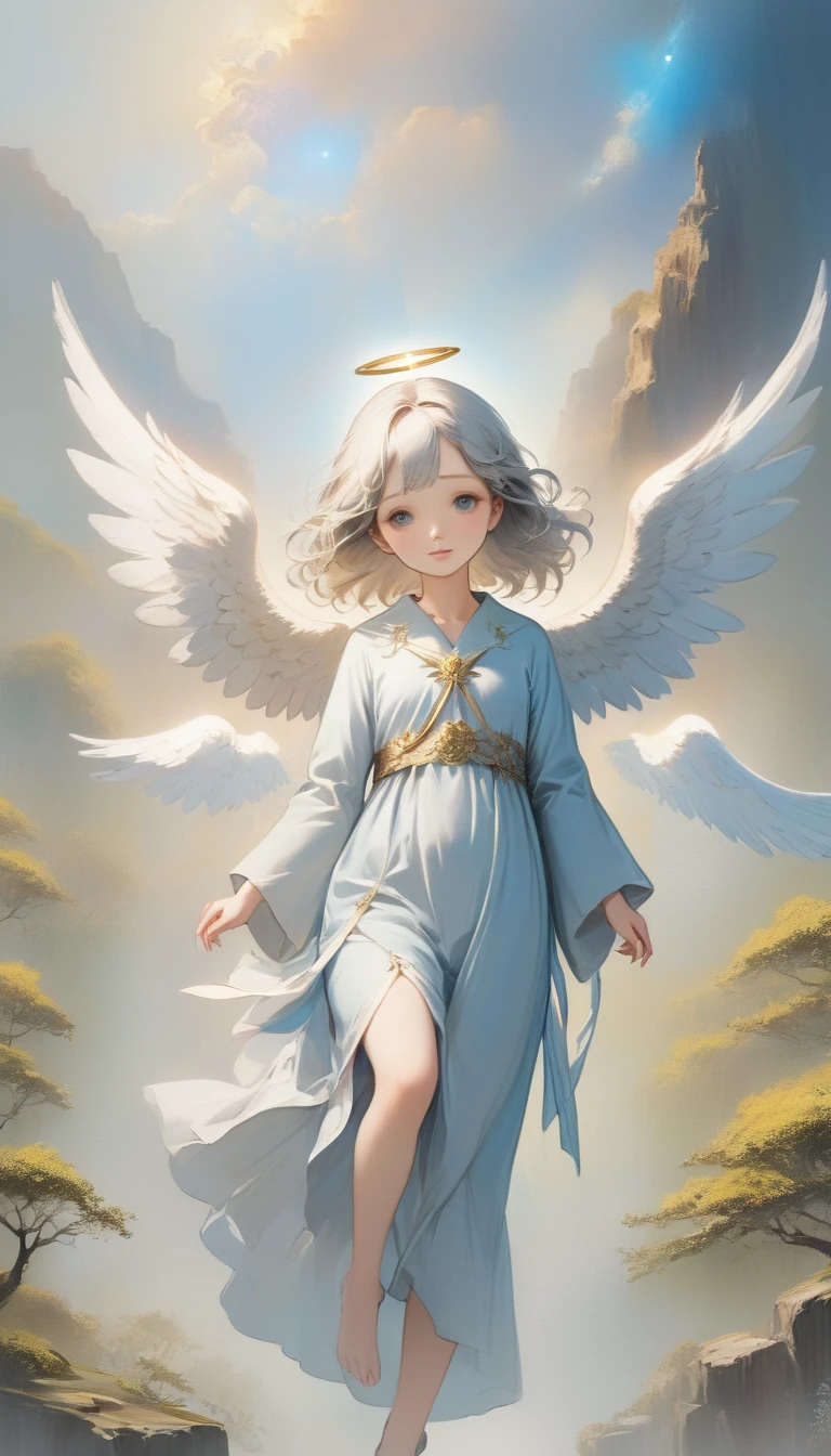 (masterpiece), (High resolution), (Very delicate), (masterpiece: 1.2, Highest quality),Perfect Anatomy、silver, Angel descending to earth、Paradise、Beautiful woman leading to heaven、Cute face、Expressionless、 scribble, Doll-like face, Manga Style, rough sketch, Manga Styleイラスト, Japanese painting, whole body,(snap shot), Flat Illustration, Creepy Appearance, Unique atmosphere、