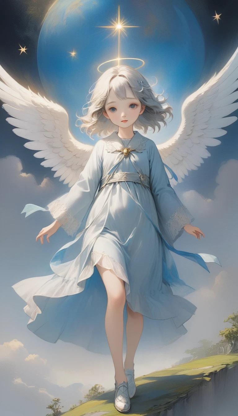 (masterpiece), (High resolution), (Very delicate), (masterpiece: 1.2, Highest quality),Perfect Anatomy、silver, Angel descending to earth、Paradise、Beautiful woman leading to heaven、Cute face、Expressionless、 scribble, Doll-like face, Manga Style, rough sketch, Manga Styleイラスト, Japanese painting, whole body,(snap shot), Flat Illustration, Creepy Appearance, Unique atmosphere、