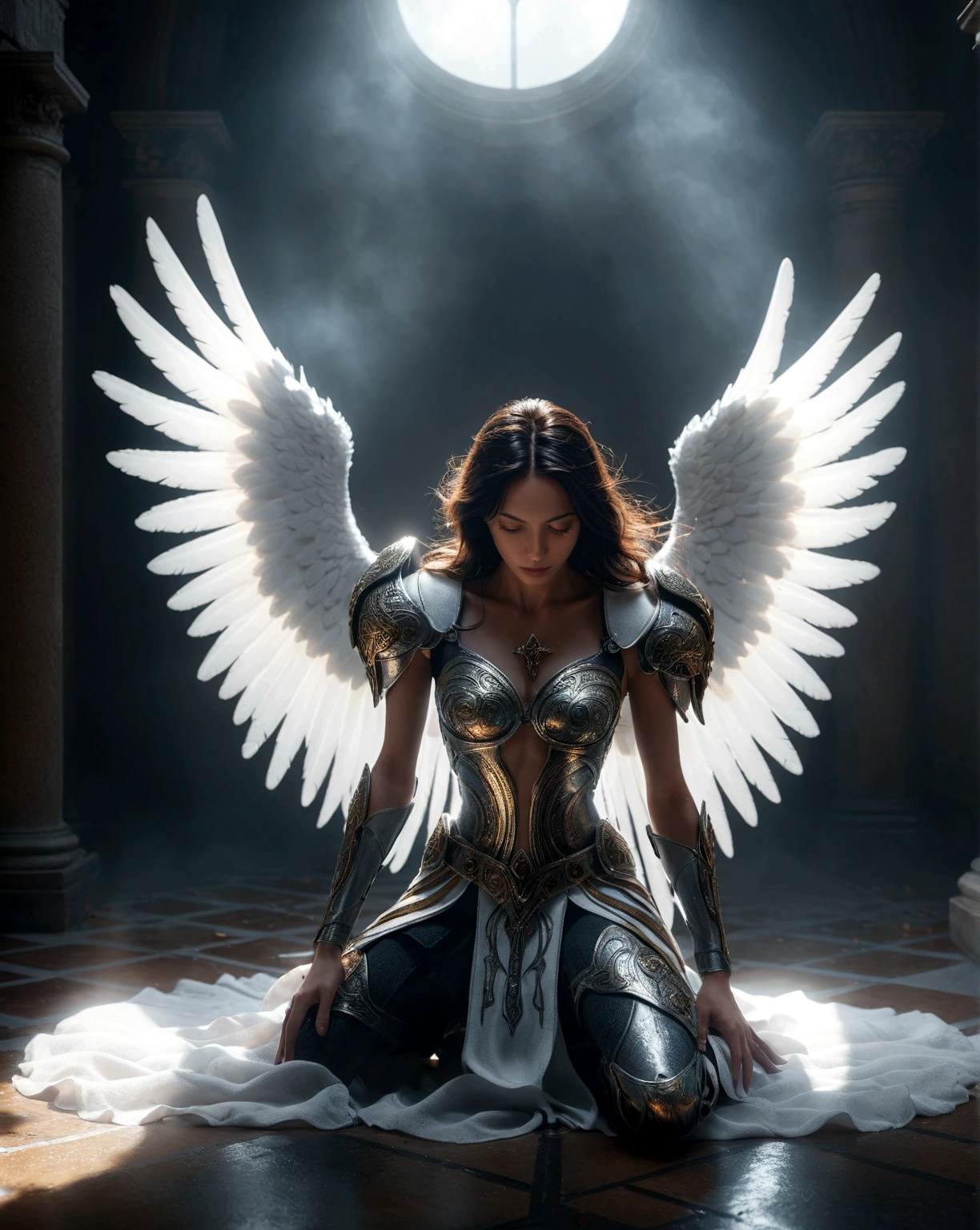 a broken wings angel (broken wings 1.2)kneel down, ethereal, fog surrounded, broken armor(accurate 1.2), broken sword, dark dimension, photo cinematic, motion blur, 8k, superdetailed