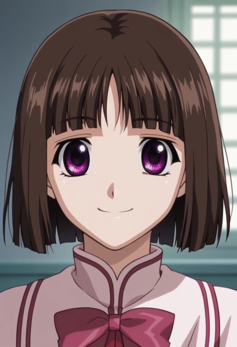 Yukari Sendou, short hair, purple eyes, bangs, blunt bangs, brown hair, smile