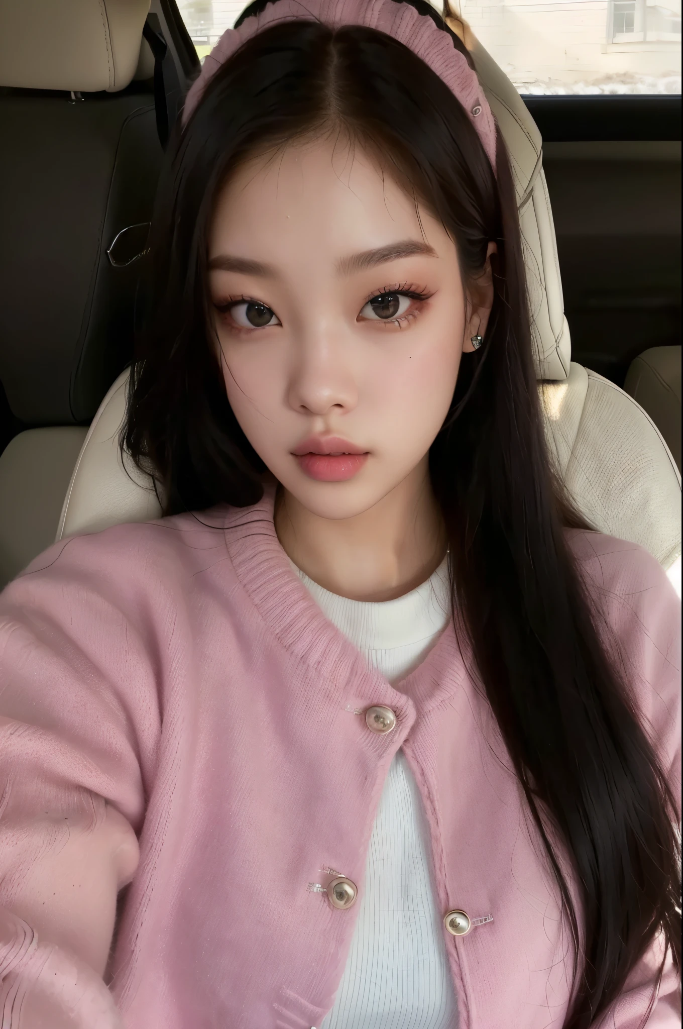 a closeup of a woman in a car wearing a pink sweater, jennie from blackpink girl group kpop