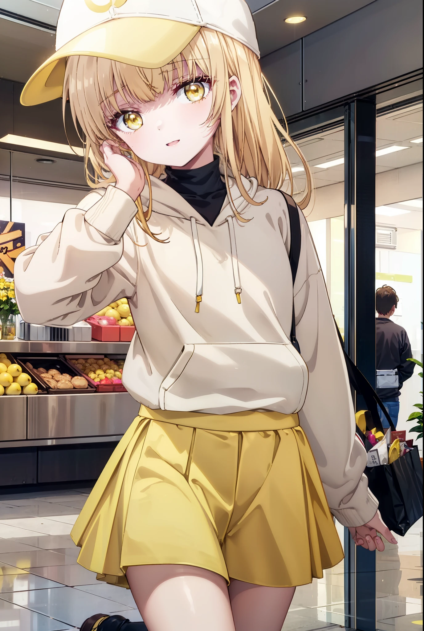 mahirushiina, Mahiru Shiina, bangs, Blonde, Brown Hair, (Yellow Eyes:1.3), happy smile, smile, Open your mouth,Open your mouth,Baseball cap,Oversized yellow hoodie,Short sleeve,mini skirt,black tights,short boots,Walking,Clear skies,Daytime,
break indoors,Shopping mall,
break looking at viewer, whole body,
break (masterpiece:1.2), Highest quality, High resolution, unity 8k wallpaper, (shape:0.8), (Fine and beautiful eyes:1.6), Highly detailed face, Perfect lighting, Highly detailed CG, (Perfect hands, Perfect Anatomy),