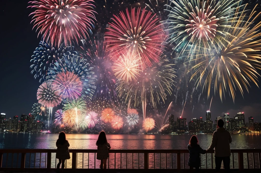 fireworks are lit up in the night sky with people watching, [ fireworks in the sky ]!!, firework, fireworks, celebrate, fireworks in background, firework, fireworks in the background, Colorful explosions, New Year&#39;s Eve, Vivid!!, fireworks on the background, firework smoke trails, Nico Henrichon, stock, Matteo Perez