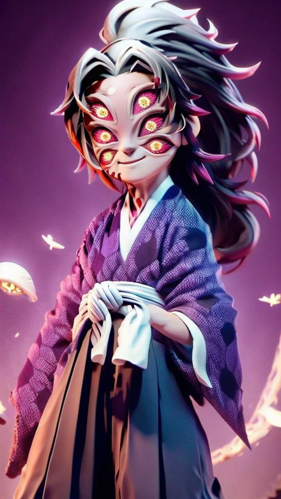 cute、Mini character、Fantasy、Smiling、Rainbow eyes、Flying happily、Long Hair、ponytail、Six eyes、Dark kimono and hakama、eyes６There are、Ghost、flying happily、whole body、