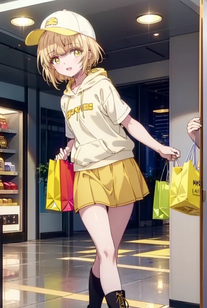 mahirushiina, Mahiru Shiina, bangs, Blonde, Brown Hair, (Yellow Eyes:1.3), happy smile, smile, Open your mouth,Open your mouth,Baseball cap,Oversized yellow hoodie,Short sleeve,mini skirt,black tights,short boots,Walking,Clear skies,Daytime,
break indoors,Shopping mall,
break looking at viewer, whole body,
break (masterpiece:1.2), Highest quality, High resolution, unity 8k wallpaper, (shape:0.8), (Fine and beautiful eyes:1.6), Highly detailed face, Perfect lighting, Highly detailed CG, (Perfect hands, Perfect Anatomy),