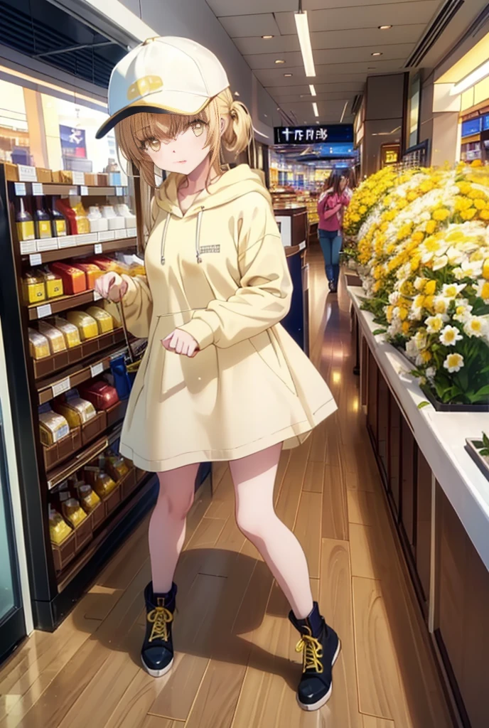 mahirushiina, Mahiru Shiina, bangs, Blonde, Brown Hair, (Yellow Eyes:1.3), happy smile, smile, Open your mouth,Open your mouth,Baseball cap,Oversized yellow hoodie,Short sleeve,mini skirt,black tights,short boots,Walking,Clear skies,Daytime,
break indoors,Shopping mall,
break looking at viewer, whole body,
break (masterpiece:1.2), Highest quality, High resolution, unity 8k wallpaper, (shape:0.8), (Fine and beautiful eyes:1.6), Highly detailed face, Perfect lighting, Highly detailed CG, (Perfect hands, Perfect Anatomy),