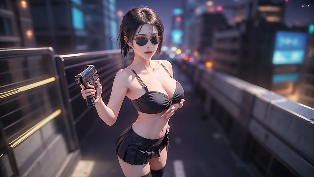 (aerial view). at night, futuristic sci-fi cyberpunk city, broad viaduct, skyscrapers at the end of the viaduct, the movie "13th Floor" style, hq. Matrix style, at night, (1girl, solo), photo realistic, (large-breast:1.2 slim body, cleavage:1.3), (((tube top, extreamly short pleated (((miniskirt))) exposing panty))), (((((matrix style black sunglasses))))), (((((aiming at camera with a (pistol)))))), (((half-body (thigh level) medium shot))), (cinematic lighting).
