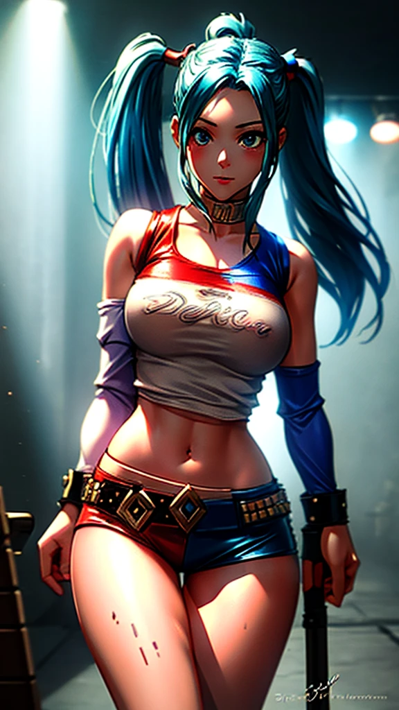 (Masterpiece), Cute and Adorable Eurasian Anime Teen (Best Quality, High Resolution: 1.2), (1 Character), Pastel Colors, Relaxed Room, Harley Quinn Inspired, White Midriff Tank Top, Sexy Shorts Revealing Panties Up to Hips, Leather Knee-High Boots, Hot and Curvaceous, Detailed Revealing Outfit, Red and Blue Pigtails, HDR Lighting, Vivid Colors, Studio Environment, Extreme Detail Description, Physical-Based Rendering, Sharp Focus, Extreme Curvature, Revealing Description, Leather Textures,