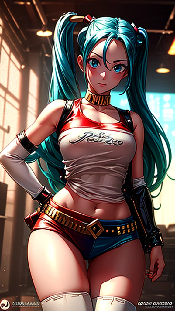 (Masterpiece), Cute and Adorable Eurasian Anime  (Best Quality, High Resolution: 1.2), (1 Character), Pastel Colors, Relaxed Room, Harley Quinn Inspired, White Midriff Tank Top, Sexy Shorts Revealing Panties Up to Hips, Leather Knee-High Boots, Hot and Curvaceous, Detailed Revealing Outfit, Red and Blue Pigtails, HDR Lighting, Vivid Colors, Studio Environment, Extreme Detail Description, Physical-Based Rendering, Sharp Focus, Extreme Curvature, Revealing Description, Leather Textures,