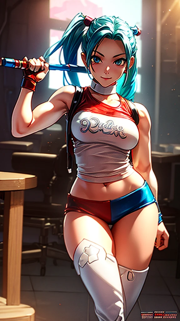 (Masterpiece), Cute and Adorable Eurasian Anime Teen (Best Quality, High Resolution: 1.2), (1 Character), Pastel Colors, Relaxed Room, Harley Quinn Inspired, White Midriff Tank Top, Sexy Shorts Revealing Panties Up to Hips, Leather Knee-High Boots, Hot and Curvaceous, Detailed Revealing Outfit, Red and Blue Pigtails, HDR Lighting, Vivid Colors, Studio Environment, Extreme Detail Description, Physical-Based Rendering, Sharp Focus, Extreme Curvature, Revealing Description, Leather Textures,