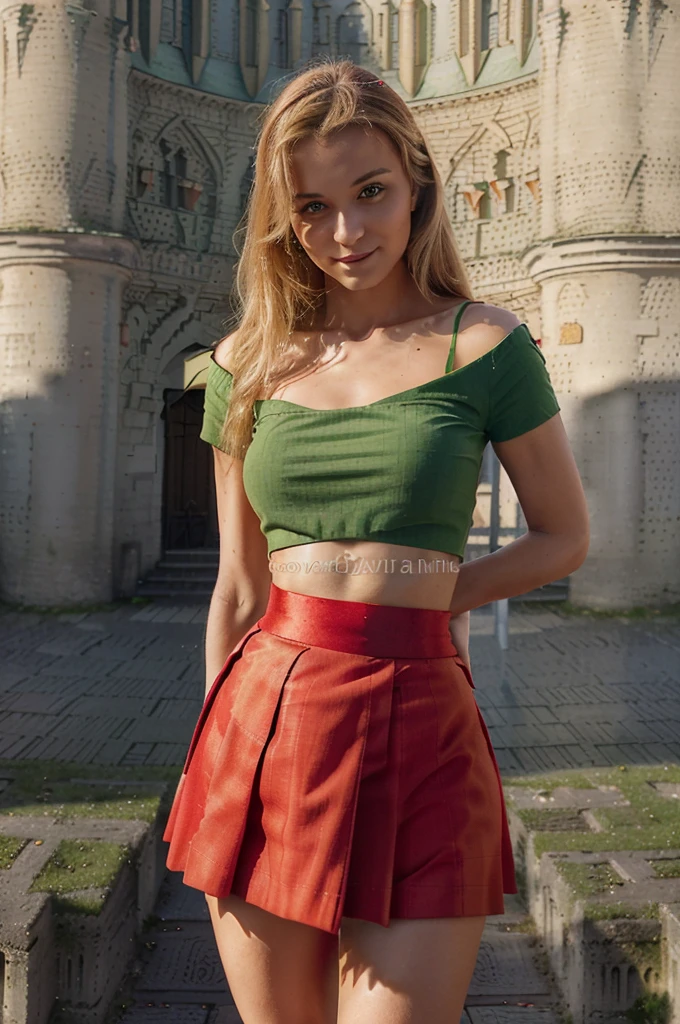 belle robe de soirée rouge , Lituania, pretty women blonde standing up, (((wear a green top)), (((wear a red skirt))), Vilnius place, smirk, ((((devant la Grande place de la cathédrale de Vilnius))))
