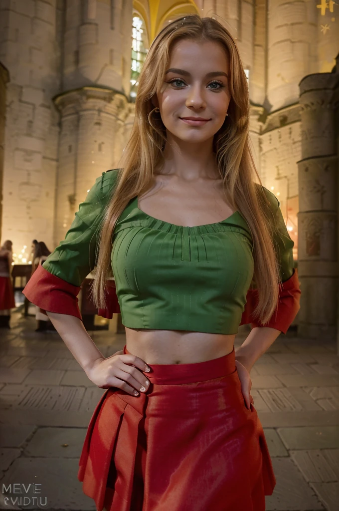 belle robe de soirée rouge , Lituania, pretty women blonde standing up, (((wear a green top)), (((wear a red skirt))), Vilnius place, smirk, ((((devant la Grande place de la cathédrale de Vilnius))))