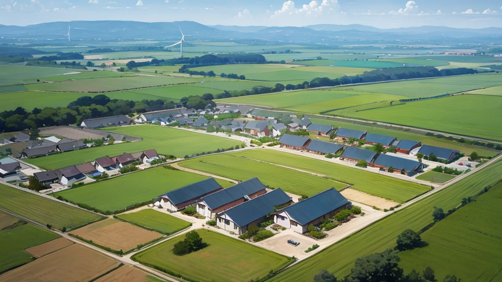 A picturesque village surrounded by wind turbines and organic farms, with community gardens and solar-powered homes.