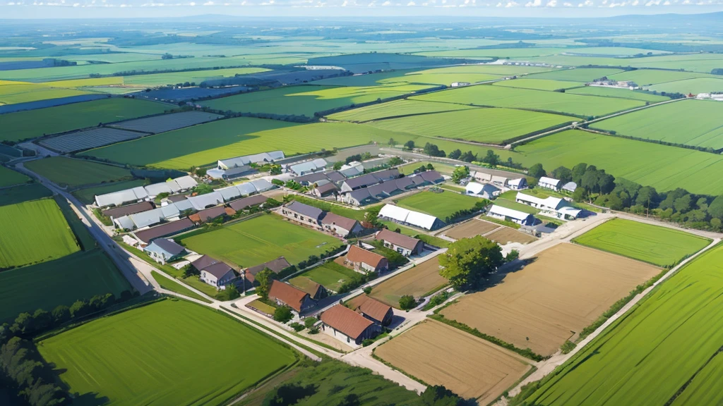 A picturesque village surrounded by wind turbines and organic farms, with community gardens and solar-powered homes.