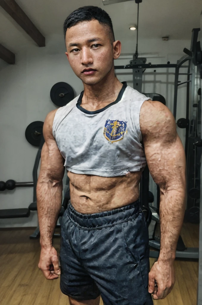 masterpiece, best quality, high resolution, realistic, handsome, photogenic, syahnk, SFW, a photo of a 35 year old gym frat (man:1.2) portrait, standing in a gym , military press, weights, stunning , short buzzcut hair,stubble head , (hypermuscle),looking at the viewer, flirting with the camera, charming, (tight white gym shirt ),(GS-Masculine:1), 8K UHD