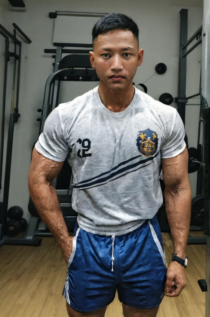 masterpiece, best quality, high resolution, realistic, handsome, photogenic, syahnk, SFW, a photo of a 35 year old gym frat (man:1.2) portrait, standing in a gym , military press, weights, stunning , short buzzcut hair,stubble head , (hypermuscle),looking at the viewer, flirting with the camera, charming, (tight white gym shirt ),(GS-Masculine:1), 8K UHD