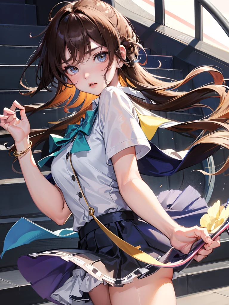 master piece, extremely detailed, high resolution,Makoto Shinkai style、high school girl、1 girl、Upper body only、Short-sleeved shirt、Blue bow tie、Glossy, plump lips、Shiny Hair、Brown Hair、Long Straight Hair、Mid-chest、Narrow waist、Checkered mini skirt、Climbing an escalator、Backwards、Looking up from below、Skirt is held back、Panties are visible under the skirt、Embarrassed look、Looking at me shyly、Red cheeks、