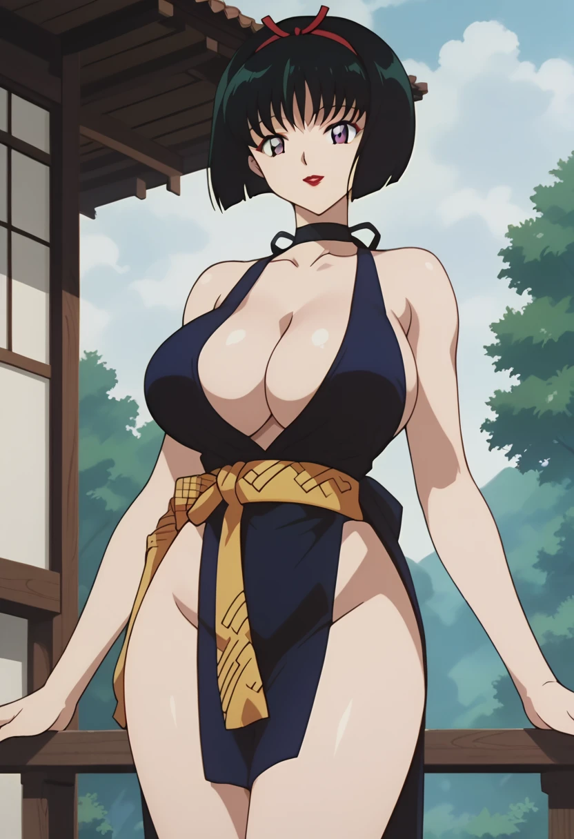 score_9, score_8_up, score_7_up, source_anime, best quality, masterpiece, rating_explicit, uncensored, 1990s (style), anime screencap, megami magazine, BREAK, SAKASAGAMINOYURA, 1GIRL, huge breasts, cleavage, BLACK HAIR, HAIR BAND, BOB_CUT, PURPLE EYES, CHOKER, SLEEVELESS,BLACK  SHORT KIMONO, pelvic curtain, red lip, outdoors, looking at viewer, smile