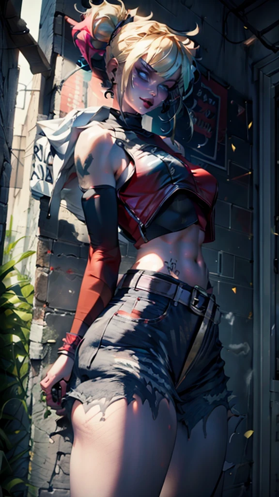 (best quality, highres:1.2), 1character, hot and curvaceous, detailed revealing outfit, white midriff tanktop, sexy shorts exposing panties up to hips, leather knee-high boots, Harley Quinn style, red and blue pigtails, baseball bat prop, HDR lighting, vivid colors, studio environment, extreme detail description, physical-based rendering, sharp focus, extreme curvature, revealing description, leather textures, confident pose, mid-shot, half body picture, full-frame appearance, provocative smirk, seductive eyes, bandana, belt with bat symbol, exposed shoulder, tattoos on arms, thigh-high socks, sexy and confident.

