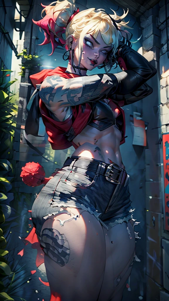 (best quality, highres:1.2), 1character, hot and curvaceous, detailed revealing outfit, white midriff tanktop, sexy shorts exposing panties up to hips, leather knee-high boots, Harley Quinn style, red and blue pigtails, baseball bat prop, HDR lighting, vivid colors, studio environment, extreme detail description, physical-based rendering, sharp focus, extreme curvature, revealing description, leather textures, confident pose, mid-shot, half body picture, full-frame appearance, provocative smirk, seductive eyes, bandana, belt with bat symbol, exposed shoulder, tattoos on arms, thigh-high socks, sexy and confident.

