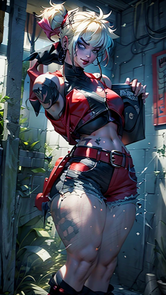 (best quality, highres:1.2), 1character, hot and curvaceous, detailed revealing outfit, white midriff tanktop, sexy shorts exposing panties up to hips, leather knee-high boots, Harley Quinn style, red and blue pigtails, baseball bat prop, HDR lighting, vivid colors, studio environment, extreme detail description, physical-based rendering, sharp focus, extreme curvature, revealing description, leather textures, confident pose, mid-shot, half body picture, full-frame appearance, provocative smirk, seductive eyes, bandana, belt with bat symbol, exposed shoulder, tattoos on arms, thigh-high socks, sexy and confident.