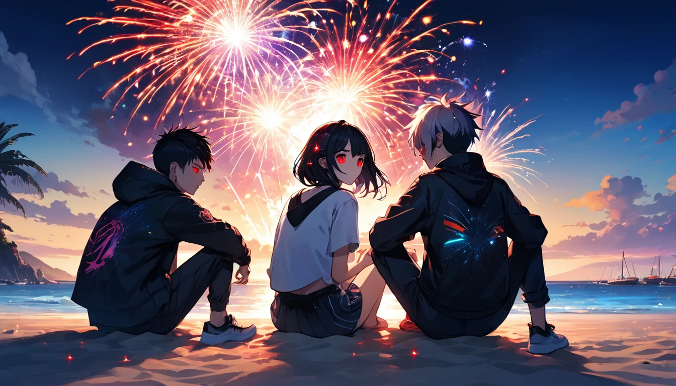 Men and women sitting and playing fireworks、teenager、cyber punk、Red eyes、Glowing Eyes、Beach、Sparkler