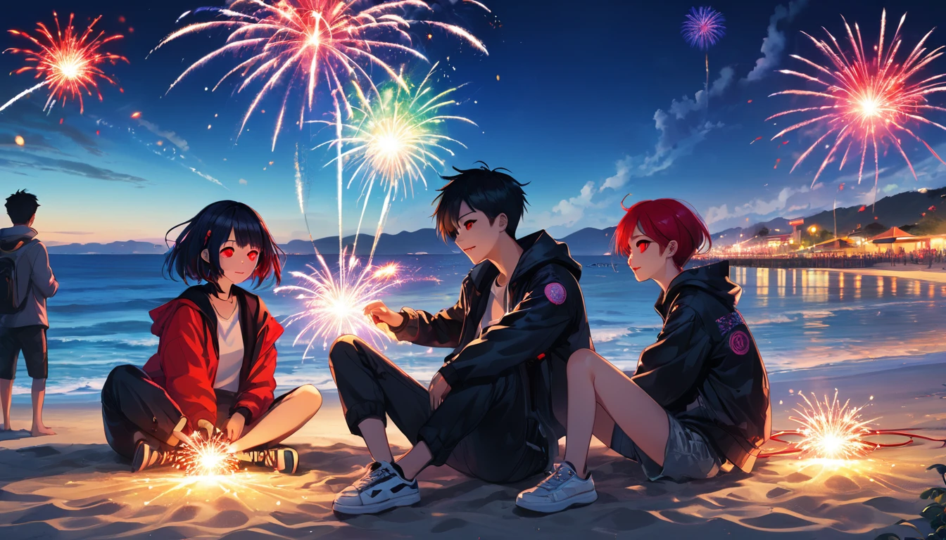 Men and women sitting and playing fireworks、teenager、cyber punk、Red eyes、Glowing Eyes、Beach、Sparkler