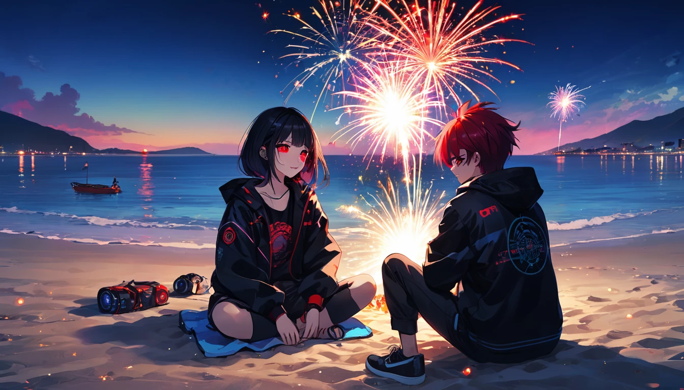 Men and women sitting and playing fireworks、teenager、cyber punk、Red eyes、Glowing Eyes、Beach、Sparkler