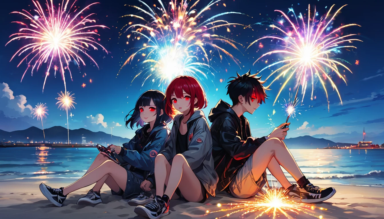 Men and women sitting and playing fireworks、、cyber punk、Red eyes、Glowing Eyes、Beach、Sparkler