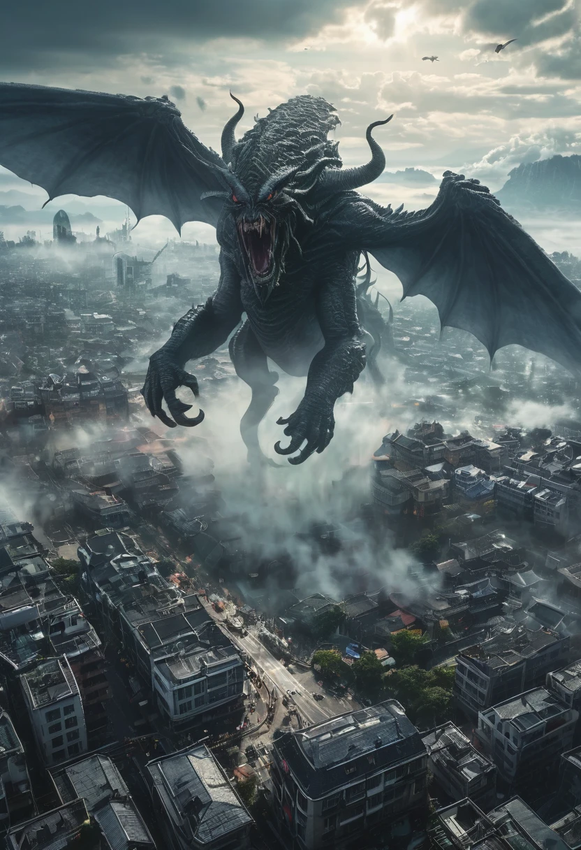 a picture taken from a high angle of a city with a giant alien flying over it, a creature 5 meters tall, one a demon-like creature, one a demon - like creature, wraiths riding in the sky, giant ethereal creature, scary creatures in background, mysterious creature, elden ring monster, big titan creature in the center, the background is misty