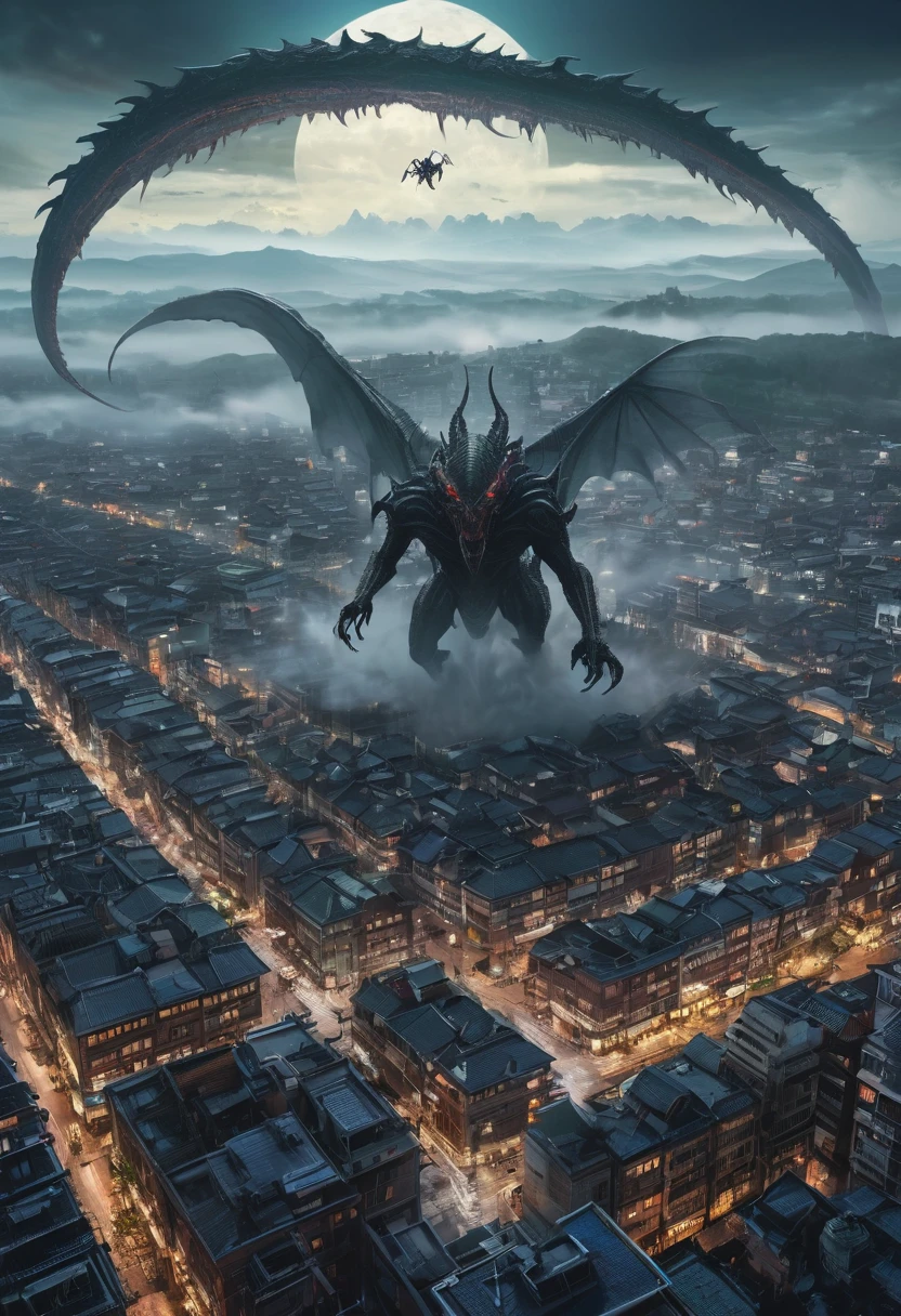 a picture taken from a high angle of a city with a giant alien flying over it, a creature 5 meters tall, one a demon-like creature, one a demon - like creature, wraiths riding in the sky, giant ethereal creature, scary creatures in background, mysterious creature, elden ring monster, big titan creature in the center, the background is misty