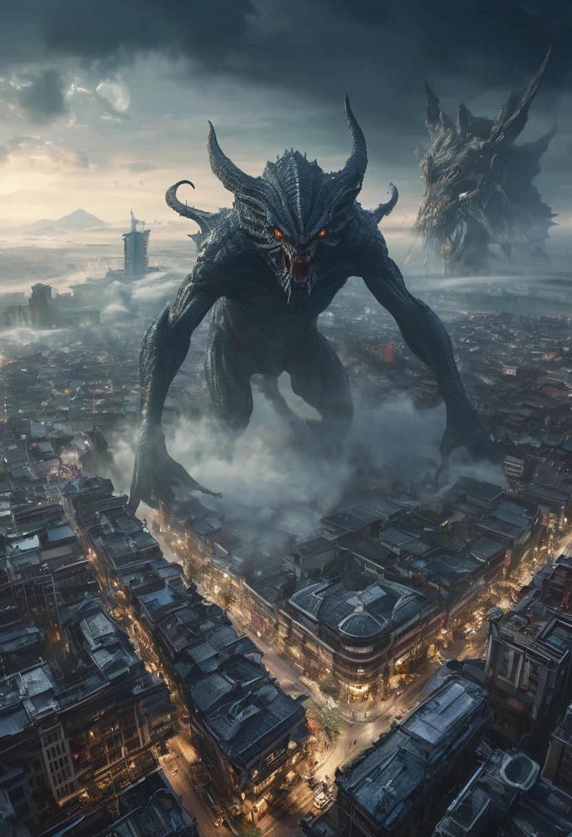 a picture taken from a high angle of a city with a giant alien flying over it, a creature 5 meters tall, one a demon-like creature, one a demon - like creature, wraiths riding in the sky, giant ethereal creature, scary creatures in background, mysterious creature, elden ring monster, big titan creature in the center, the background is misty