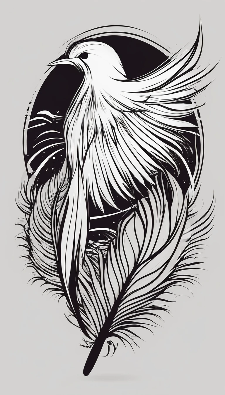 Create a logo design of a special, unique, poetic, minimalistic feather that represents a special creative brand called " Penamemoria". The brand is created by an artist called Rafael Figueiras. The logo must convey the sense of storytelling and music. Must include a boy, one acoustic guitar, a feather and a fantastic bird. Logo design and icon design present and impressed on a white t-shirt.