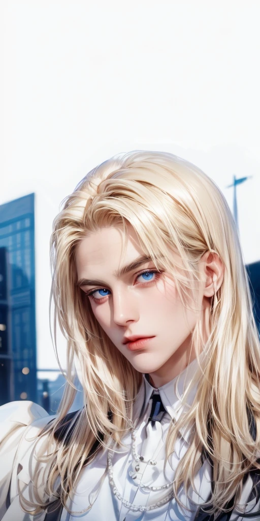 (masterpiece,best quality,ultra_detailed,highres,absurdres),1 mature male, 30-ish, (wide shoulder), (muscular), male focus, solo, blonde hair, chain, shirt, black necktie, necktie, simple background, blue eyes, upper body, vest, long hair, looking at viewer, parted lips, collared shirt, round eyewear, long sleeves, black shirt, black vest, monocle, jewelry, lawyer, court background.