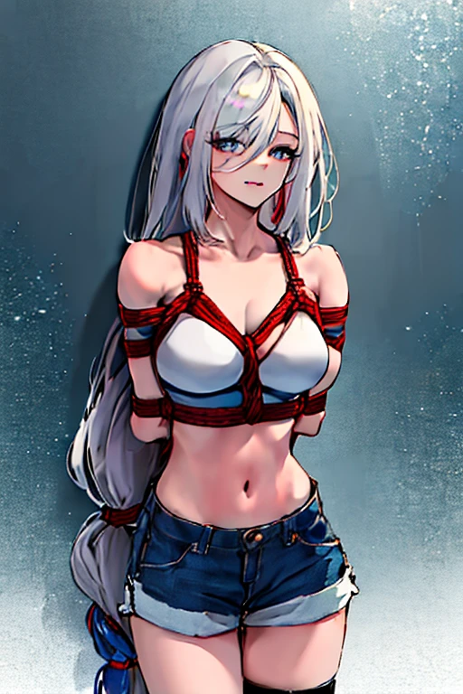 (absurdres, 8k, 4k, masterpiece, hyper extreme detailed:1.2), solo, 1girl, front view, portrait, best quality, perfect face, 1girl, portrait, solo, standing, Female, toned body, mature female, EJP breasts, , long hair, delinquent, sarcastic, swept bangs, midriff, exposed collarbone, exposed left shoulder, standing up, half body, shorts, bound, bondage, (arms behind back:1.4), bdsm, restrained,