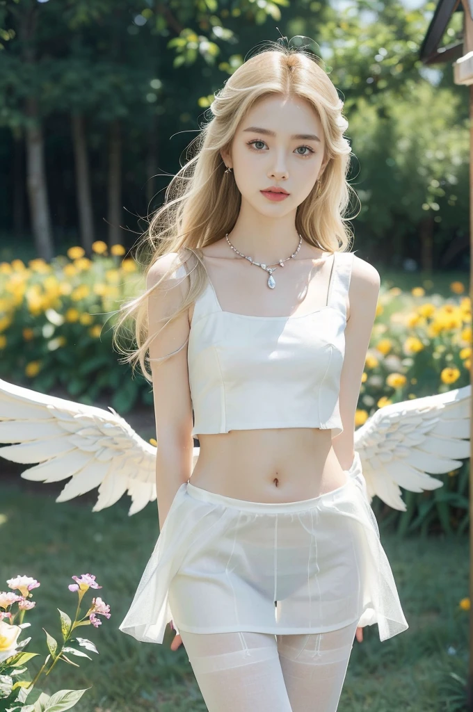 (((best quality))), (((ultra detailed))), (((masterpiece))), illustration,((1 beautiful little girl,solo,angel)),((fair skin,shoulder length straight blonde hair,blue eyes)),(earrings,crystal necklace),((slim,thin,small breasts,flat chest)),joyful expression,(white wings:1.3),(flowing short-sleeved white sheer dress:1.3),((In heaven, garden setting)), vibrant flowers,(colorful flowers:1.3),lush grass, gentle breeze, (clear sky, fluffy clouds, shining sun),((navel)),((from front,standing,upper body,arms behind back)),((pantyhose))