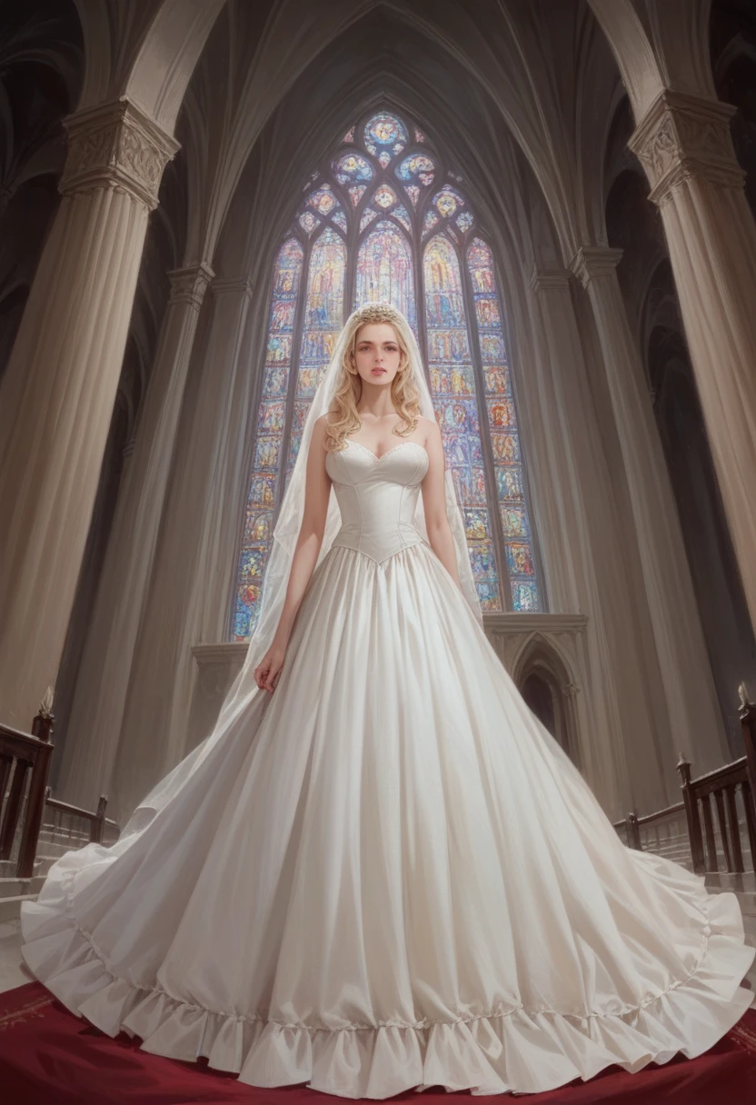 close uphyperrealistic art cinematic film still lower angle photography in the style of detailed hyperrealism photoshoot . (beautiful wedding dress walking towards down aisle) Extremely high-resolution details, photographic, realism pushed to extreme, fine texture, incredibly, very tall blonde woman in cathedral