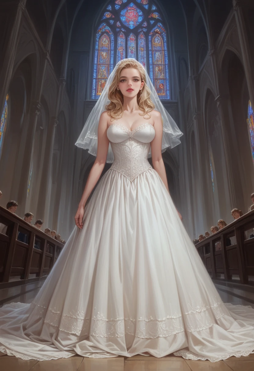 close uphyperrealistic art cinematic film still lower angle photography in the style of detailed hyperrealism photoshoot . (beautiful wedding dress walking towards down aisle) Extremely high-resolution details, photographic, realism pushed to extreme, fine texture, incredibly, very tall blonde woman in cathedral