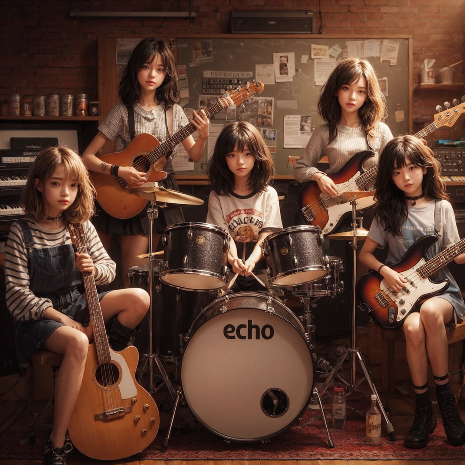 **Photo of 5 beautiful girls, aged 18 to 20, sitting:**

- **3 girls with messy black hair**
- **1 girl with wavy bob black hair**
- **1 girl with a black ponytail**

One girl is playing the drums, one girl is playing the piano, one girl is playing the bass guitar, one girl is playing the guitar, and one girl is singing. They are sitting behind a board with the word "ECHO" written on it. The background is a music studio, complete with drums, guitars, bass guitar, and piano. The image is ultra HD, 4k, photorealistic, raw, and a masterpiece.