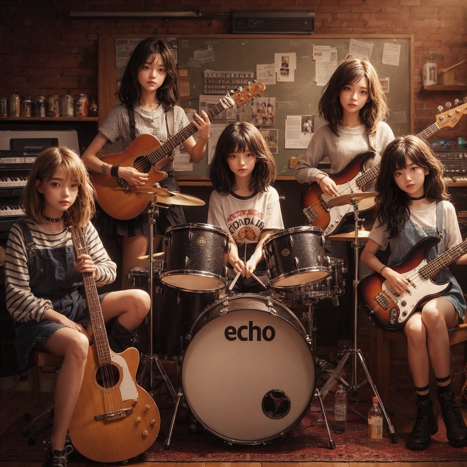 **Photo of 5 beautiful girls, aged 18 to 20, sitting:**
- **3 girls with messy black hair**
- **1 girl with wavy bob black hair**
- **1 girl with a black ponytail**
One girl is playing the drums, one girl is playing the piano, one girl is playing the bass guitar, one girl is playing the guitar, and one girl is singing. They are sitting behind a board with the word "ECHO" written on it. The background is a music studio, complete with drums, guitars, bass guitar, and piano. The image is ultra HD, 4k, photorealistic, raw, and a masterpiece.