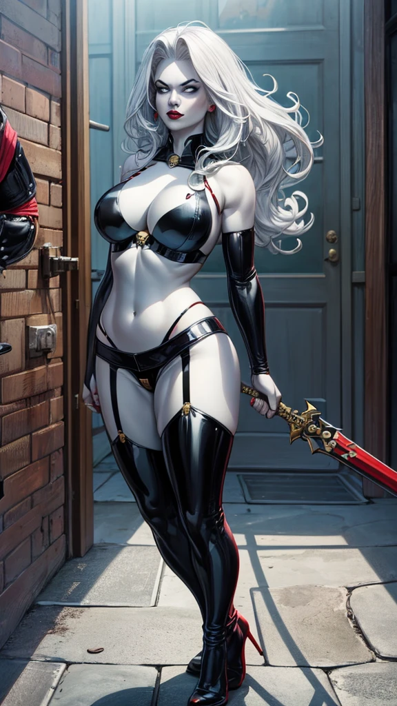 (best quality, highres:1.2), 1character, hot and curvaceous, detailed revealing outfit, white midriff tanktop, sexy shorts exposing panties up to hips, leather knee-high boots, Harley Quinn style, red and blue pigtails, baseball bat prop, HDR lighting, vivid colors, studio environment, extreme detail description, physical-based rendering, sharp focus, extreme curvature, revealing description, leather textures, confident pose, mid-shot, half body picture, full-frame appearance, provocative smirk, seductive eyes, bandana, belt with bat symbol, exposed shoulder, tattoos on arms, thigh-high socks, sexy and confident.

