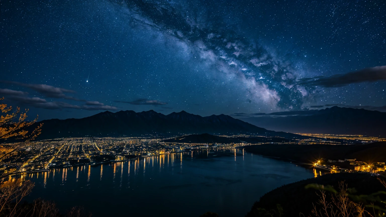 川と山のある風景を描いた星Moonlit Night画, Starry Skyの夜, Night view, Moonlit Night, Twinkling distant stars, Natural scenery at night, moonlight, Moonlit Nightscape, Stars shining in the distance, Starry Sky, Mystical Night