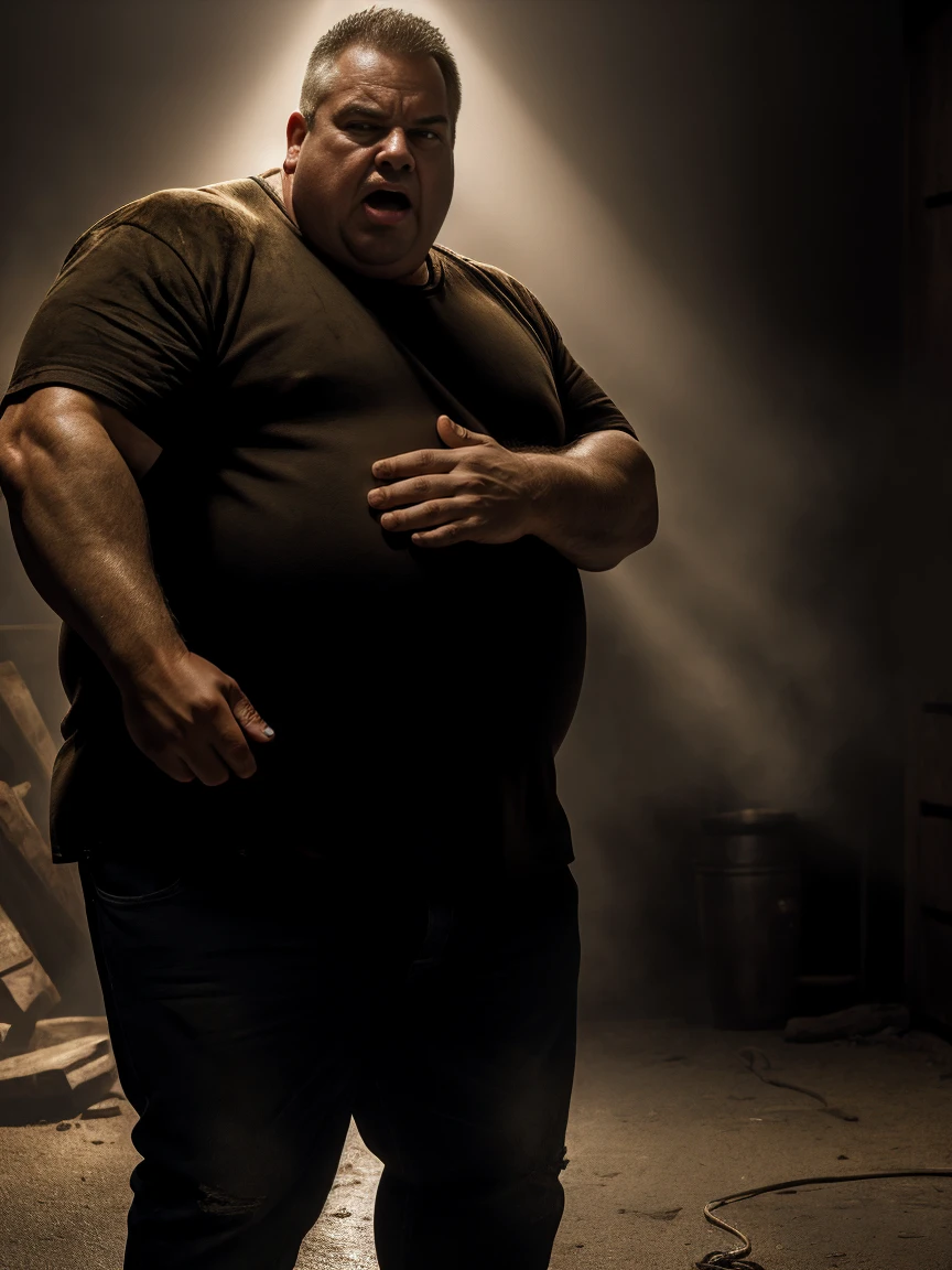 a fat middle-aged man attacking,detailed facial features,muscular body,angry expression,tattered clothes,dynamic pose,dramatic shadows,cinematic lighting,gritty realism,realistic skin texture,dramatic atmosphere,(best quality,8k,highres,masterpiece:1.2),ultra-detailed,(realistic,photorealistic,photo-realistic:1.37),cinematic composition,intense colors,chiaroscuro lighting