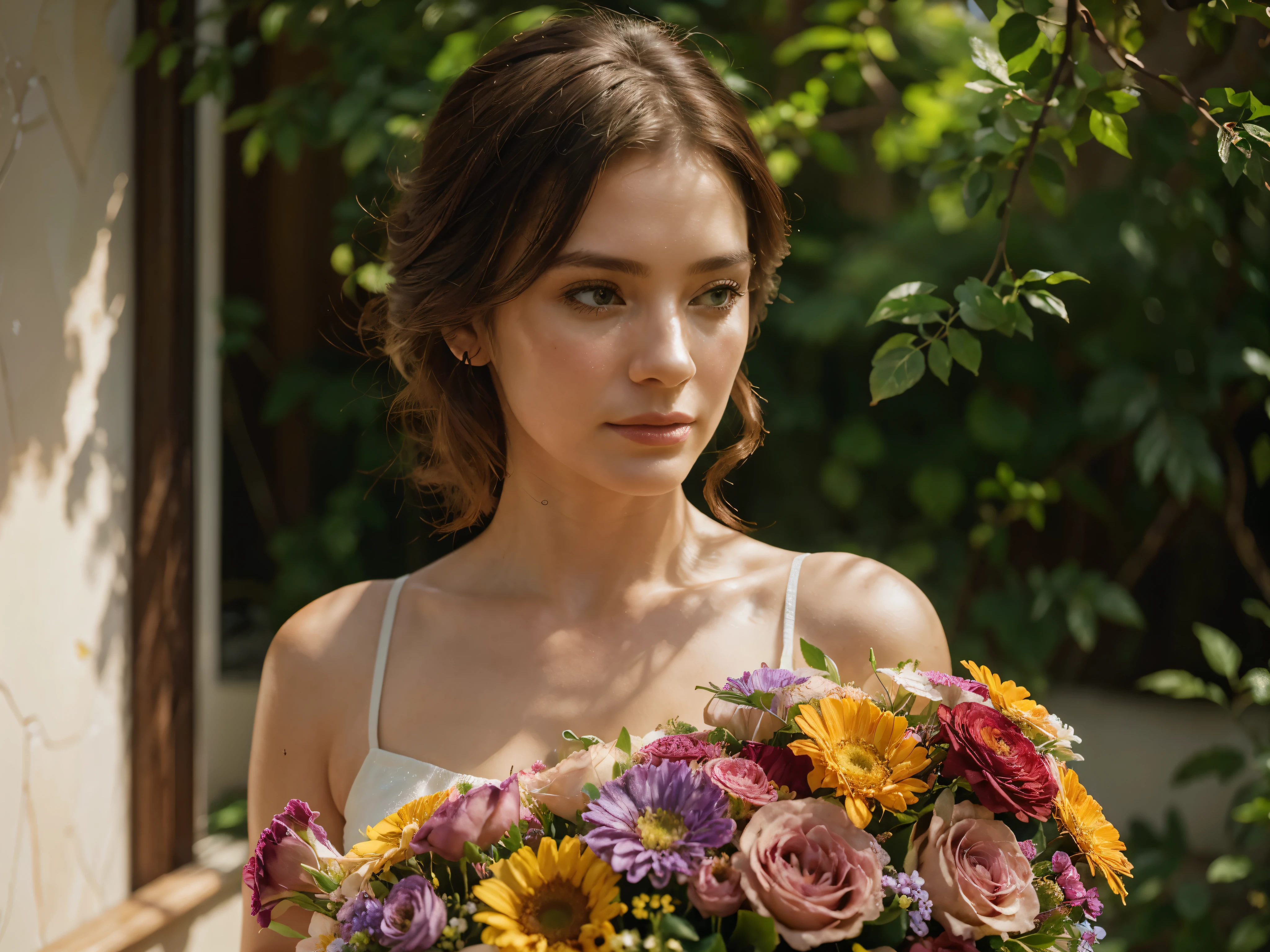 a beautiful bouquet of flowers, delicate petals, vibrant colors, lush greenery, floral arrangement, natural lighting, photorealistic, 8k, highly detailed, intricate details, oil painting, detailed brushstrokes, warm color palette, soft focus, cinematic lighting, dramatic shadows, elegant composition