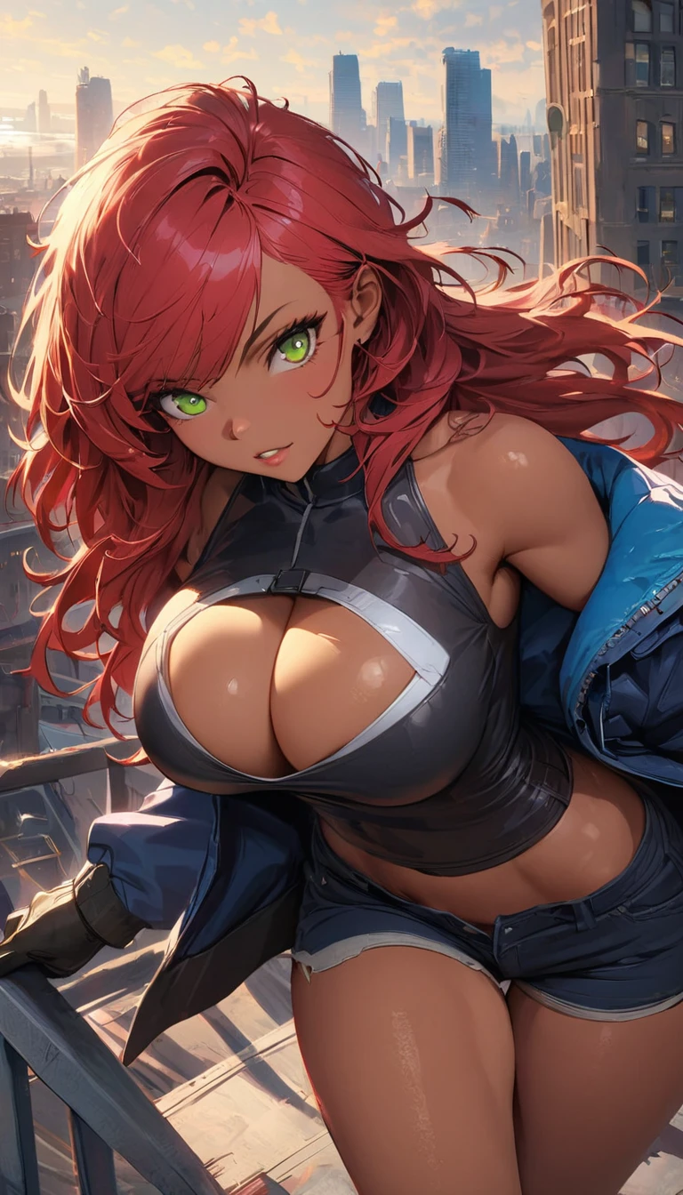 best quality,4k,8k,highres,masterpiece:1.2),ultra-detailed, extremely detailed eyes, extremely detailed body, (large masterpiece digital art), (detailed manga illustration), (detailed line art), ((perfect anatomy)), (intricate details:1.3), (ultra-detailed:1.3), (illustration:1.3), (sharp focus:1.3), (natural lighting:1.05), (vivid colors:1.3), (masterpiece), (best quality:1.4), (perfect anatomy:1.4), high quality, expressive eyes, full body, detailed face, beautiful face, perfect face, 1 girl, breasts, cleavage, gloves, large breasts, cyberpunk clothes, ultramarine jacket, very long hair, thigh length hair, ({dark skin}), dark-skinned female, detailed ((red hair)), messy hair, green eyes, gloves, jacket, hourglass physique, casual outfit, shorts, dynamic lighting, cityscape background curvy, Atey Ghailan, Jeremy Mann, Greg Manchess, Antonio Moro, trend in ArtStation, trend in CGSociety, Intricate, High Detail, Sharp focus, dramatic and photorealistic painting art by Midjourney and Greg Rutkowski, Jeff Bridges, ((cartoon style)), Marvel Cinematic Universe style, (((Boston in the background))), soft bokeh of Boston