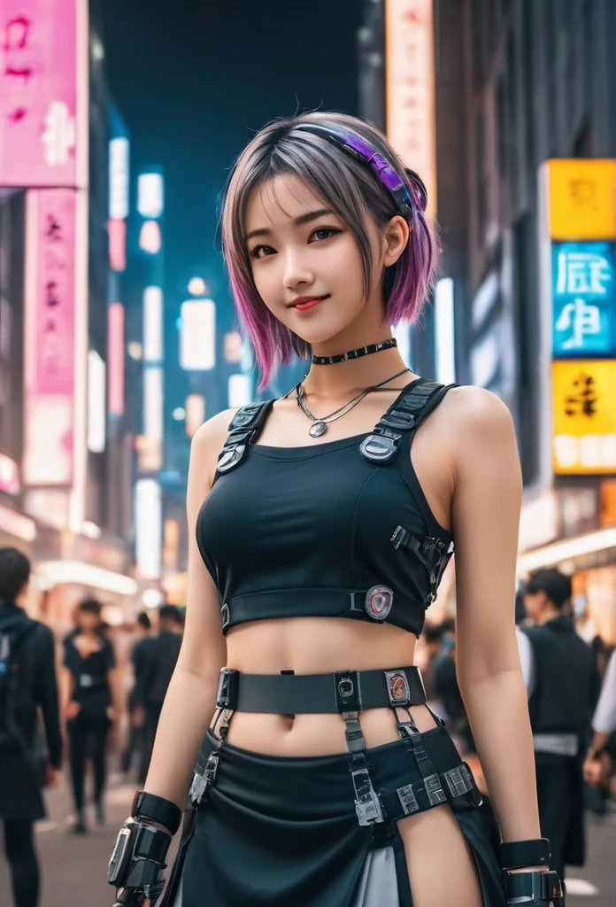 masterpiece, best quality, ((smiling)) cyberpunk girls standing, having grey and grey uniform and black long skirt, Harajuku-inspired cyberpunk body harness, bold colors and patterns, eye-catching accessories, trendy and innovative hairstyle with baroque influence, dazzling Cyberpunk cityscape, skyscrapers, glowing neon signs, LED lights, anime illustration, detailed skin texture, detailed cloth texture, beautiful detailed face, intricate details, ultra detailed, cinematic lighting, strong contrast.