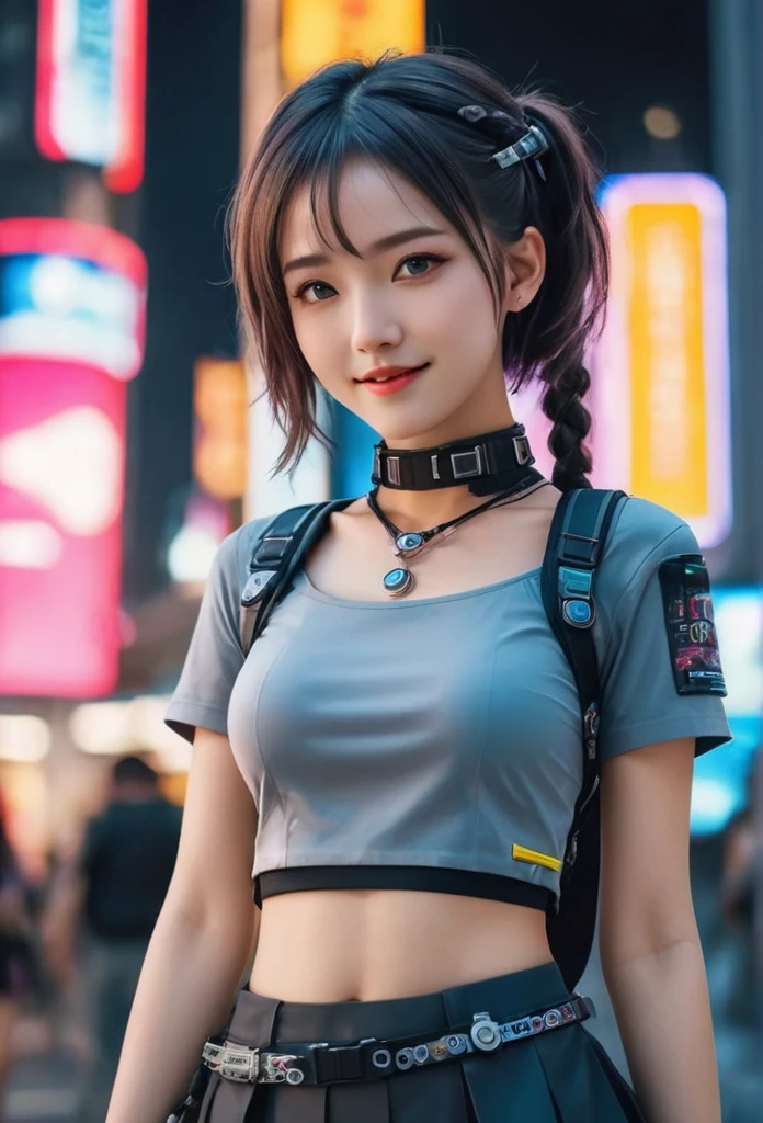 masterpiece, best quality, ((smiling)) cyberpunk girls standing, having grey and grey uniform and black long skirt, Harajuku-inspired cyberpunk body harness, bold colors and patterns, eye-catching accessories, trendy and innovative hairstyle with baroque influence, dazzling Cyberpunk cityscape, skyscrapers, glowing neon signs, LED lights, anime illustration, detailed skin texture, detailed cloth texture, beautiful detailed face, intricate details, ultra detailed, cinematic lighting, strong contrast.