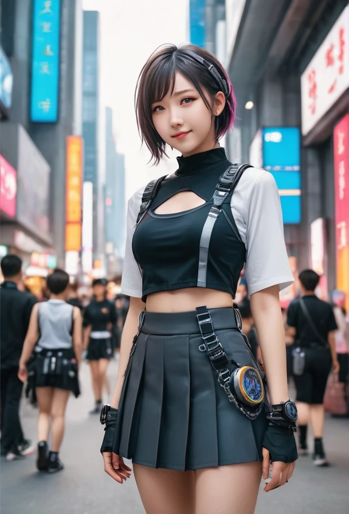 masterpiece, best quality, ((smiling)) cyberpunk girls standing, having grey and grey uniform and black long skirt, Harajuku-inspired cyberpunk body harness, bold colors and patterns, eye-catching accessories, trendy and innovative hairstyle with baroque influence, dazzling Cyberpunk cityscape, skyscrapers, glowing neon signs, LED lights, anime illustration, detailed skin texture, detailed cloth texture, beautiful detailed face, intricate details, ultra detailed, cinematic lighting, strong contrast.