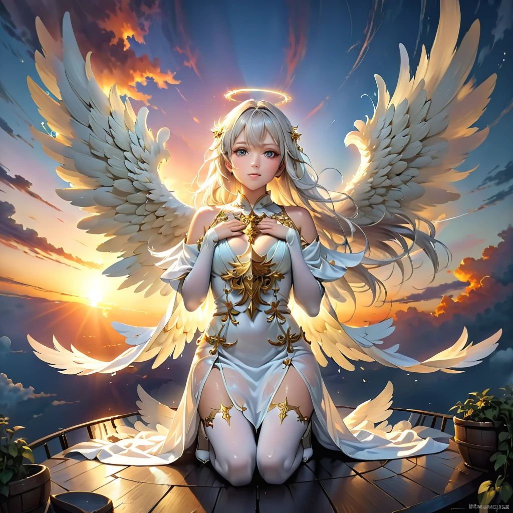 (Full body image: 2.0)、Has long white hair、Beautiful young angel wearing a sheer white robe、(Spreading her big angelic wings: 1.4)、磁器のようなGraceful肌を持ち、An angel emerging from the clouds with a stunning sunset sky as a background, photographed from below、(Highest quality、4K、8K、High resolution、masterpiece: 1.2)、Super detailed、(Real、Photorealistic、Photorealistic: 1.37)、Detailed face、Detailed eyes、Detailed lips、非常にDetailed faceの特徴、Porcelain Skin、Dramatic lighting、Dramatic Sky、Cinematic、Fantasy、Digital Art、Exquisite details、Graceful、Heavenly